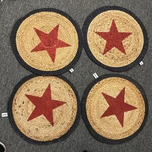 Stars & Stripes Placements Americana Patriotic RED STAR JUTE ROUND Set of 4